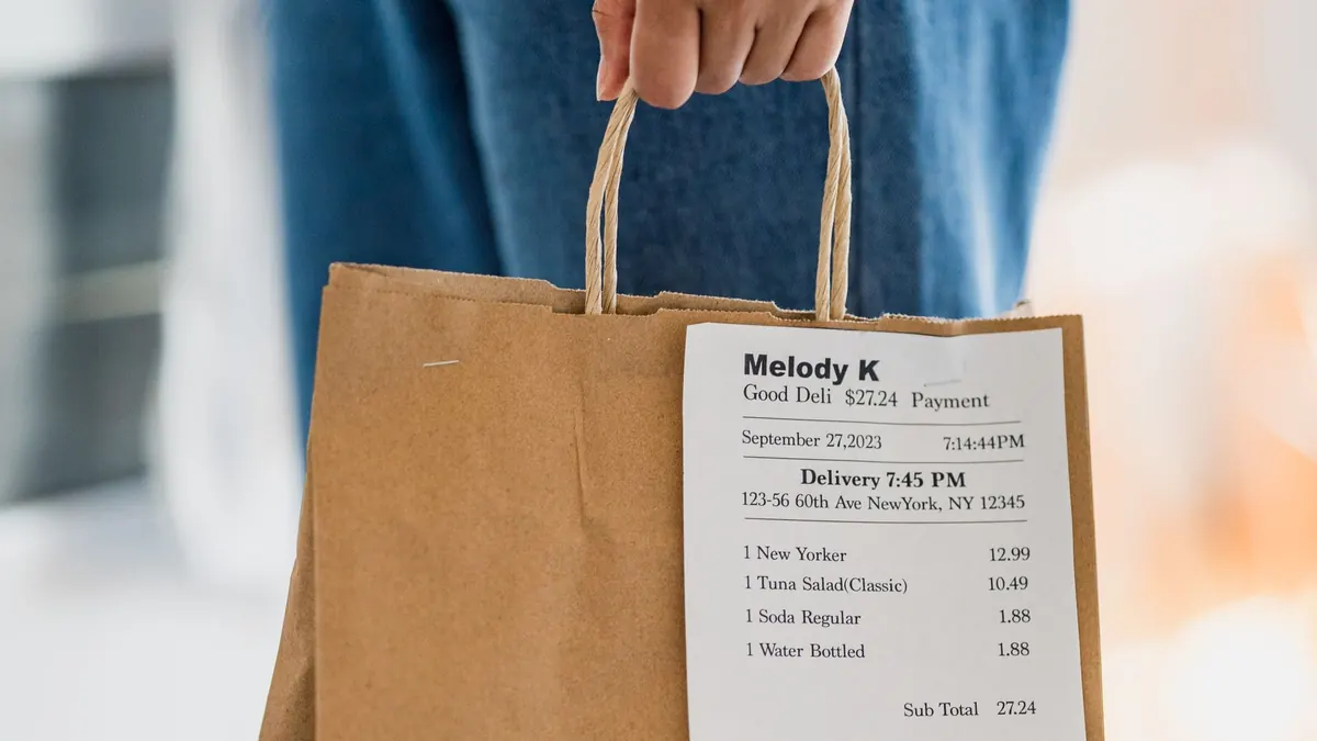 Bolsa de papel de un pedido para llevar con el ticket del pedido grapado